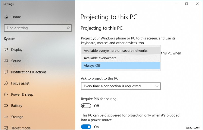 Windows 10 で Miracast を使用してワイヤレス ディスプレイに接続する 