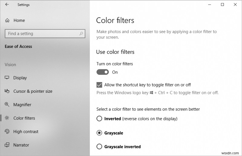 Windows 10 でカラー フィルターを有効または無効にする 