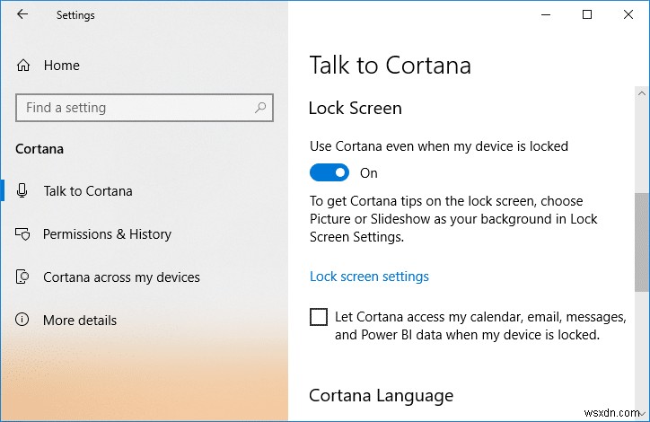 Windows 10 のロック画面で Cortana を有効または無効にする