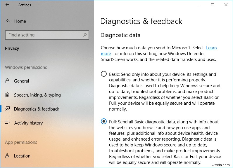 Windows 10 で診断データと使用状況データの設定を変更する 