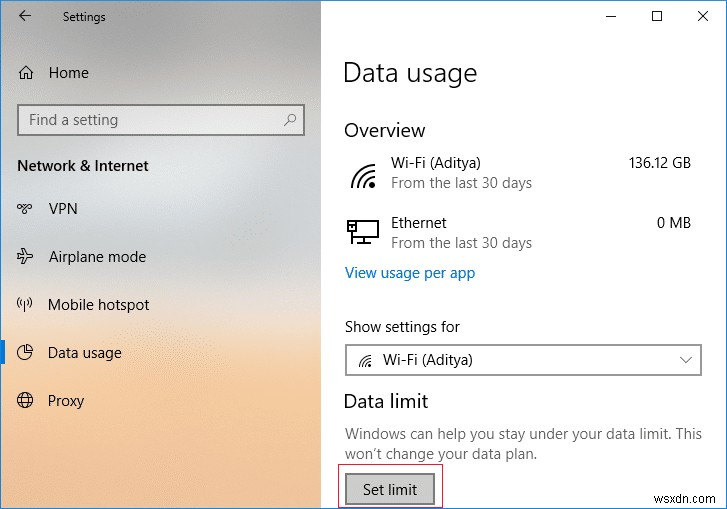 Windows 10 で WiFi とイーサネットのデータ制限を設定する方法 