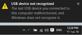 デバイス記述子要求の修正に失敗しました (不明な USB デバイス) 