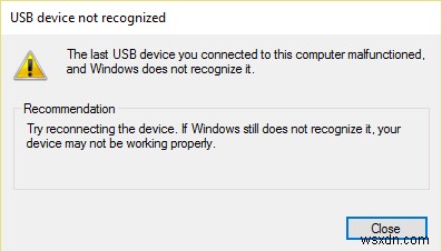 デバイス記述子要求の修正に失敗しました (不明な USB デバイス) 