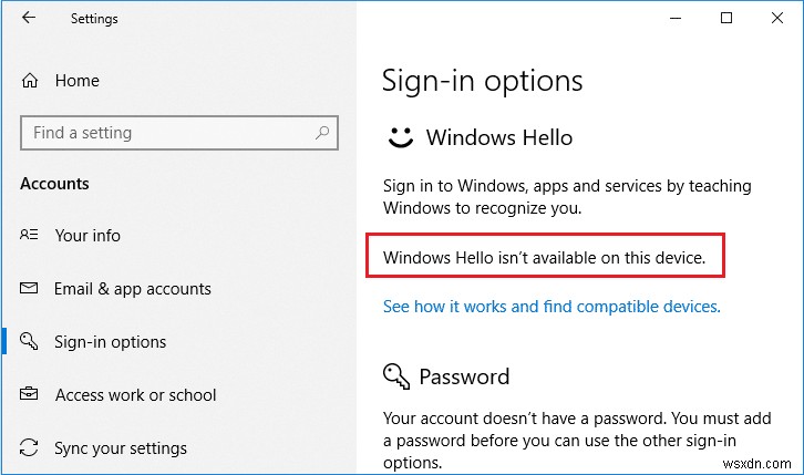 このデバイスの Windows 10 で Windows Hello を使用できない問題を修正