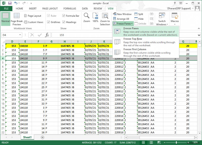 Excel で行と列を固定する方法