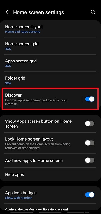 アプリ画面から Samsung Discover オプションを無効にする方法