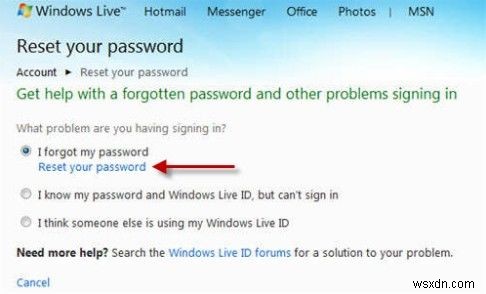 忘れた Windows Live ID パスワードをリセットする方法