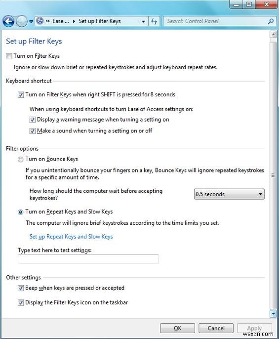 Windows 8 および 7 でフィルター キーをオンまたはオフにする方法