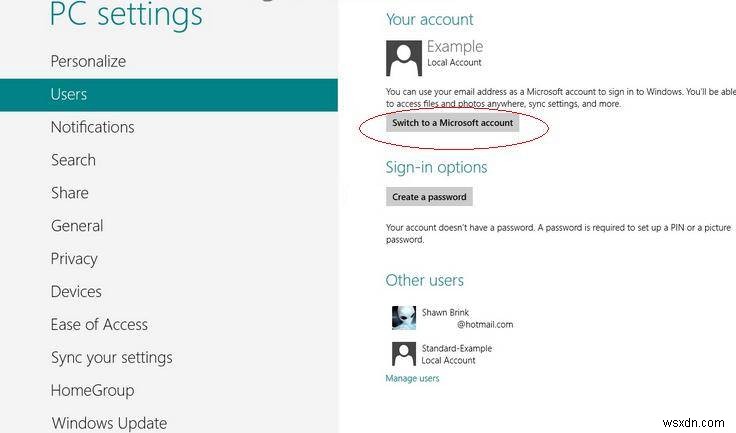 Windows 8 で Microsoft アカウントとローカル アカウントを切り替える