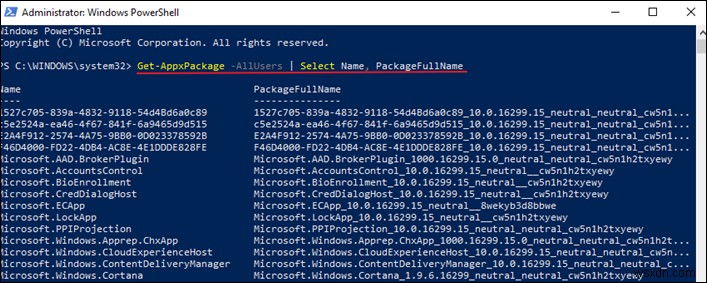 Windows 10、8.1、8 にインストールされているすべてのアプリとパッケージを PowerShell から表示する方法。