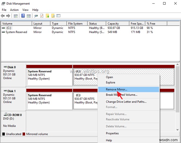 Windows 7/8/10 OS でハード ドライブ ミラーを削除または解除する方法