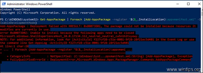FIX:Windows Shell Experience Host の展開が HRESULT 0x80073D02 で失敗する (解決済み)