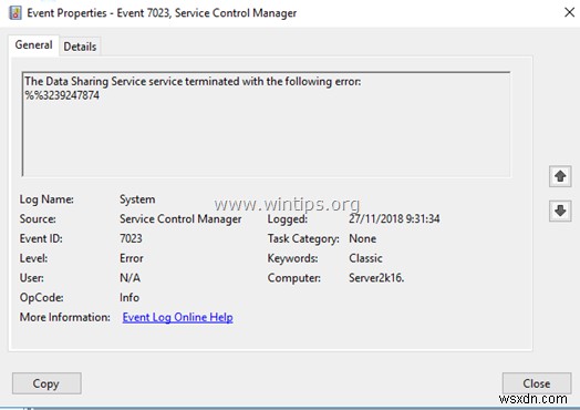 修正:Server 2016 でデータ共有サービス サービスがエラー %%3239247874 で終了しました。(解決済み)