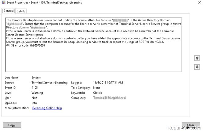 FIX イベント ID 4105:リモート デスクトップ ライセンス サーバーは、Active Directory ドメイン内のユーザーのライセンス属性を更新できません。 