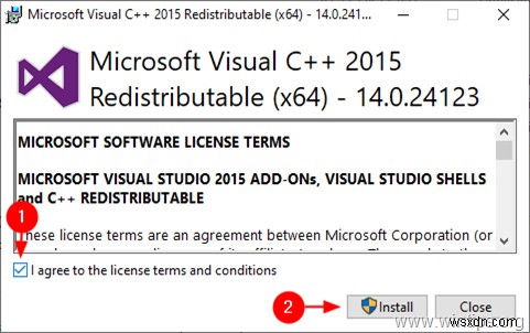 Visual C++ 2015 ランタイム ライブラリのインストール方法。
