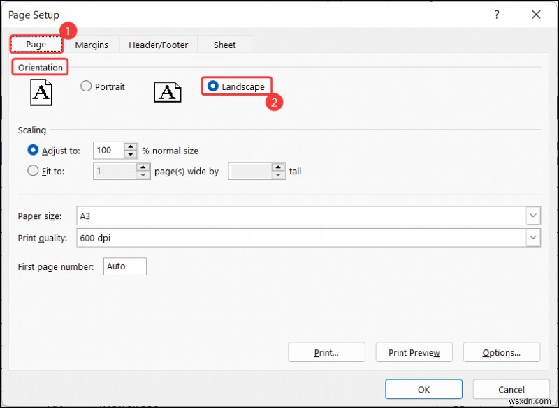 Excel でワークシートの向きを横向きに変更する方法