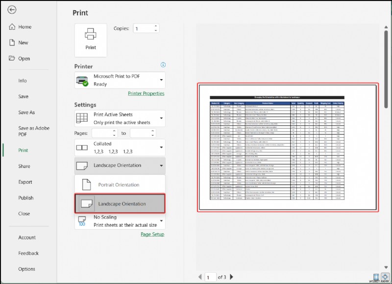 Excel でワークシートの向きを横向きに変更する方法