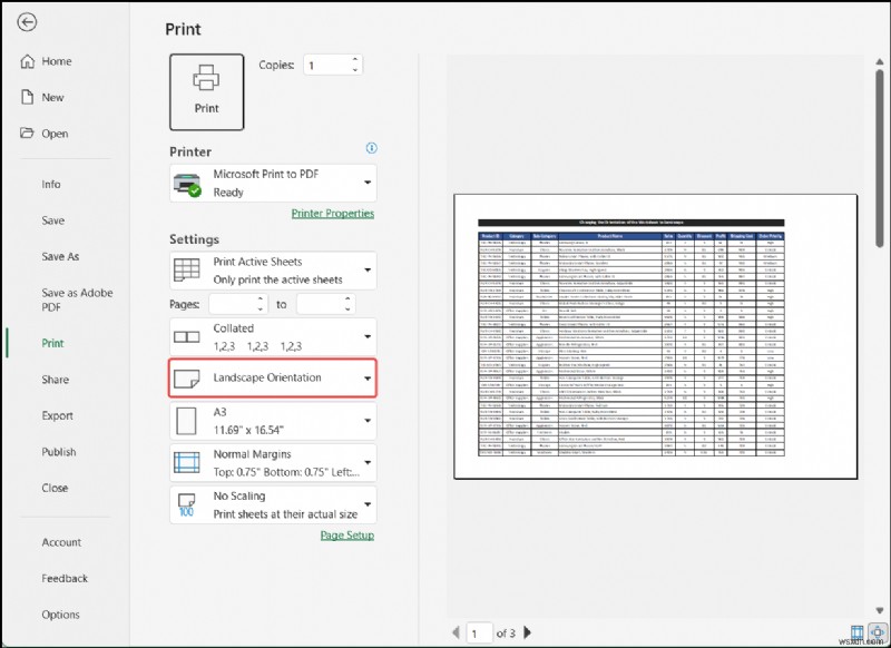 Excel でワークシートの向きを横向きに変更する方法