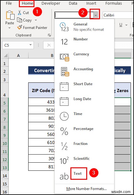 Excel で数値を先行ゼロ付きのテキストに変換する方法
