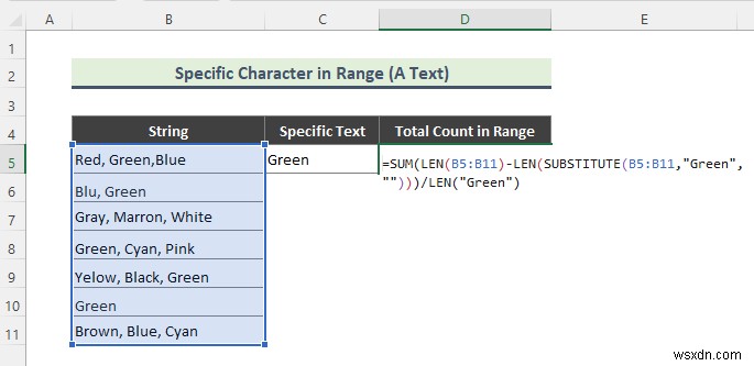 文字列内の文字の出現回数を Excel でカウント