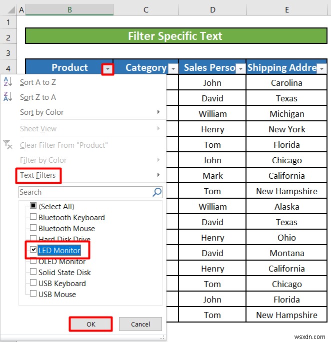 Excel でテキスト フィルタを使用する方法 (5 つの例)