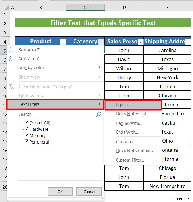 Excel でテキスト フィルタを使用する方法 (5 つの例)