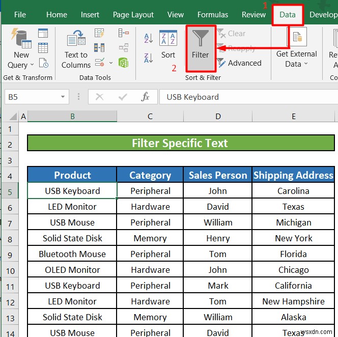 Excel でテキスト フィルタを使用する方法 (5 つの例)