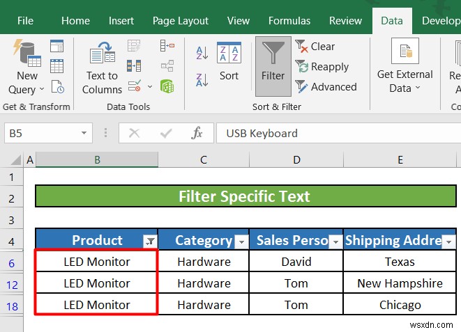 Excel でテキスト フィルタを使用する方法 (5 つの例)