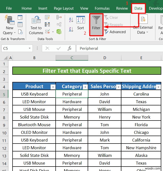 Excel でテキスト フィルタを使用する方法 (5 つの例)