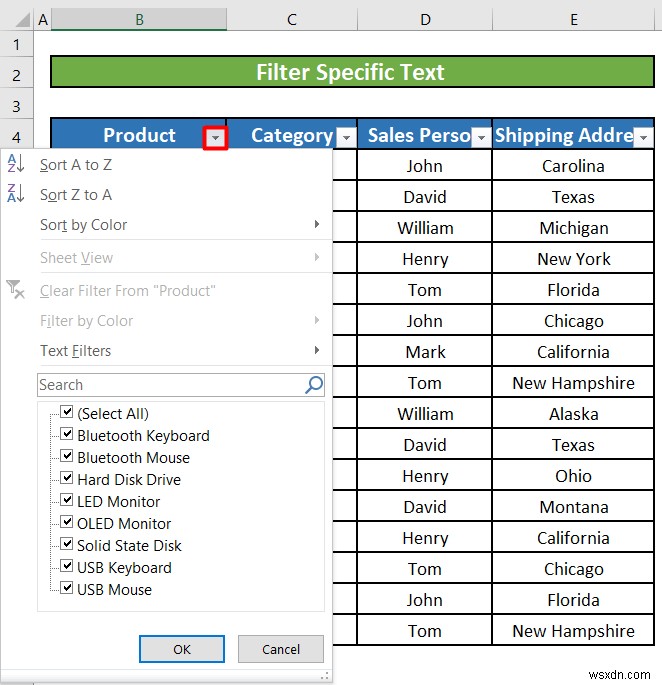 Excel でテキスト フィルタを使用する方法 (5 つの例)