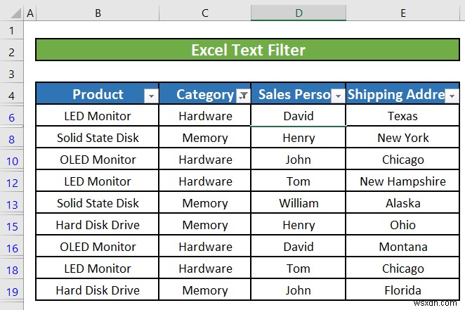 Excel でテキスト フィルタを使用する方法 (5 つの例)