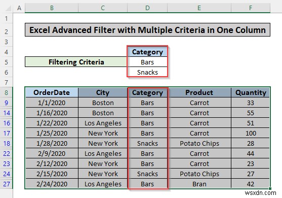 Excel の 1 つの列に複数の基準に基づいて高度なフィルタを適用する