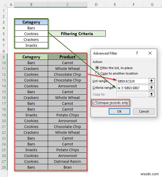 Excel の 1 つの列に複数の基準に基づいて高度なフィルタを適用する