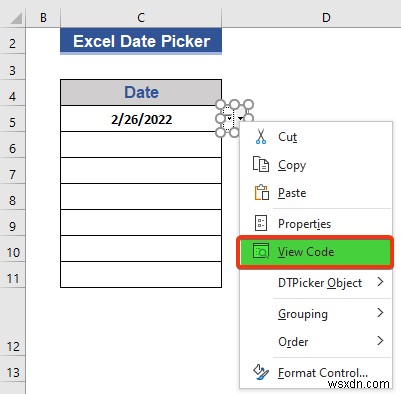 列全体の Excel 日付ピッカー