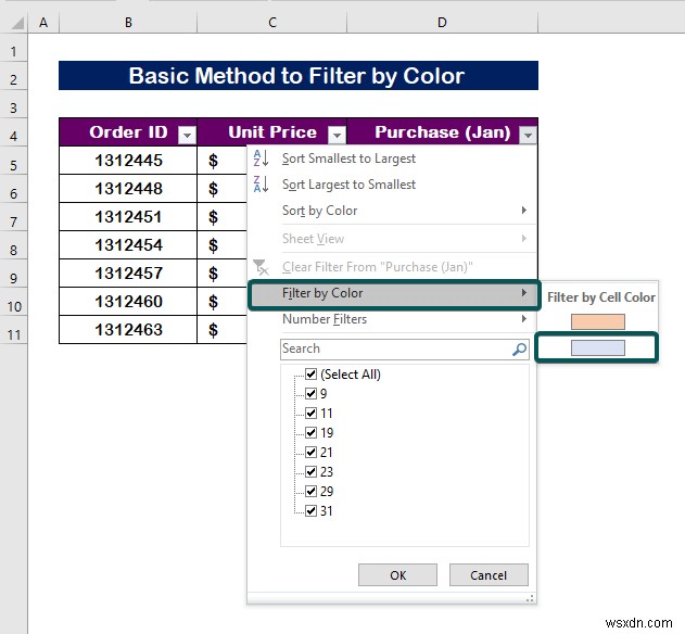 Excel で色でフィルター処理する方法 (2 つの例)