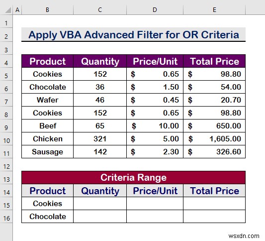 Excel VBA:範囲内に複数の基準がある高度なフィルター (5 つのメソッド)