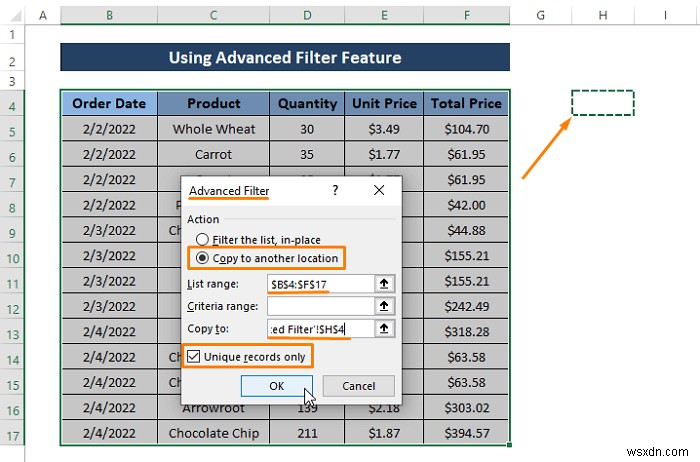 Excel で一意のレコードのみに高度なフィルターを使用する方法