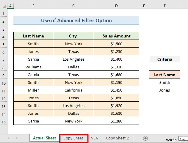 Excel で高度なフィルタを使用してデータを別のシートにコピーする方法
