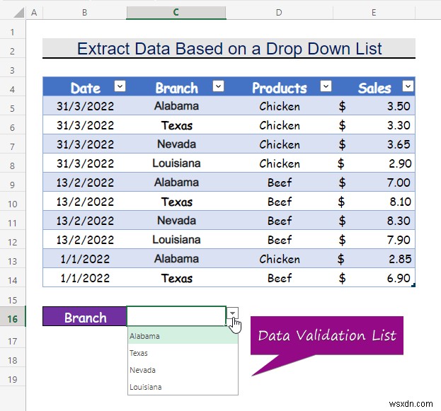 Excel でドロップダウン リストの選択に基づいてデータを抽出する方法