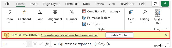[修正]:リンクの Excel 自動更新が無効になっている