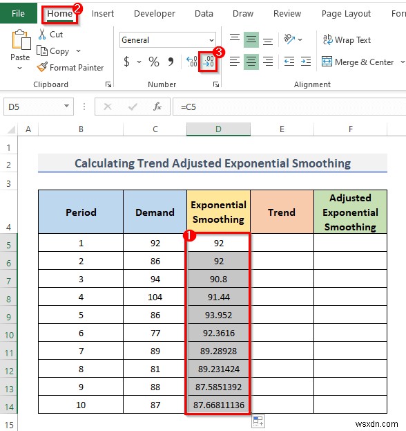 Excel でトレンド調整指数平滑法を計算する方法