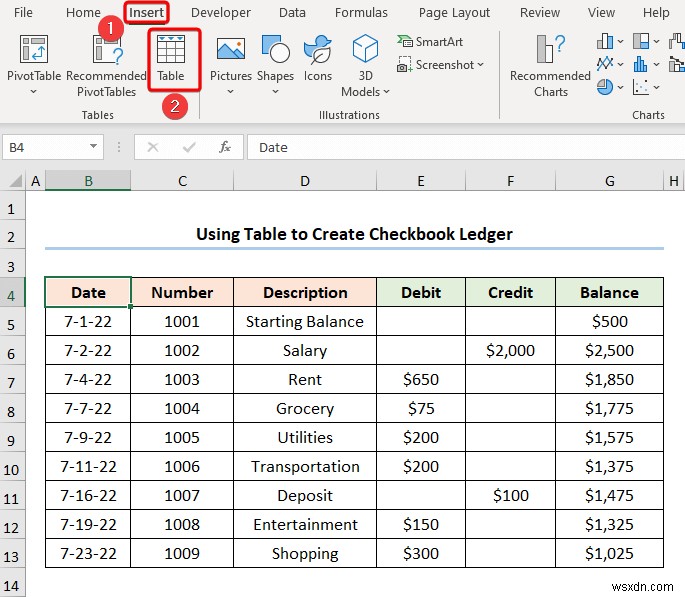 Excel で小切手帳元帳を作成する方法 (2 つの有用な例)