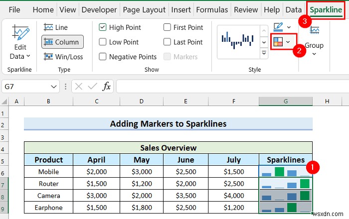 Excel でスパークラインにマーカーを追加する方法 (簡単な手順)