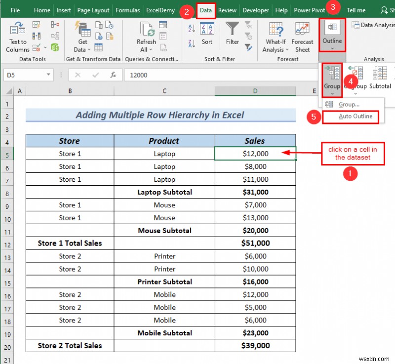 Excel で行階層を追加する方法 (2 つの簡単な方法)