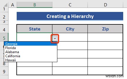 Excel で州と郵便番号の階層を作成する方法