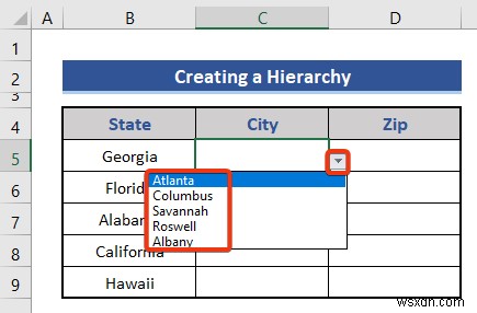 Excel で州と郵便番号の階層を作成する方法