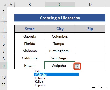 Excel で州と郵便番号の階層を作成する方法