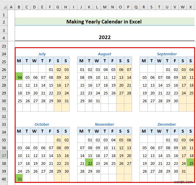 Excel でテンプレートを使用せずにカレンダーを作成する方法 (2 つの例)