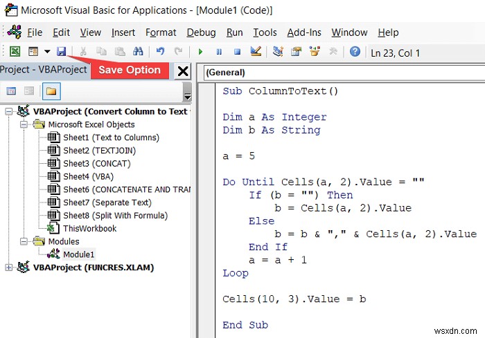 Excel で列を区切り記号付きのテキストに変換する方法