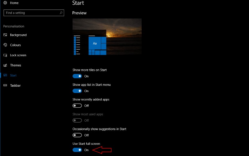 Windows 10 で全画面表示のスタート メニューを有効にする方法